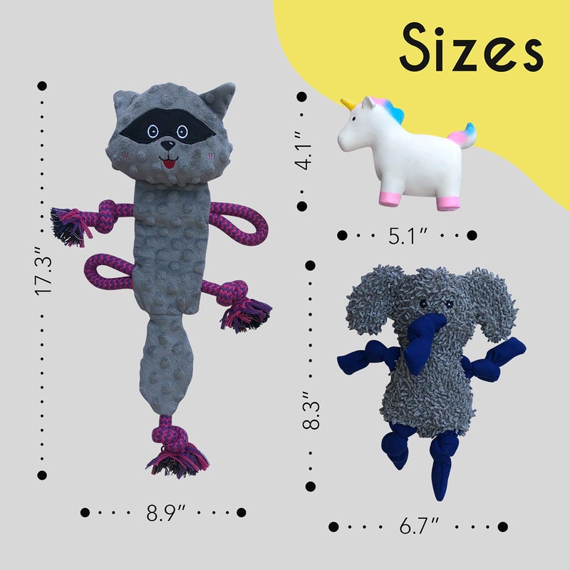rocket & rex Dog Chew Toy Set for Small to Medium Breeds, Includes a Stuffing Free Rope, Rubber Squeaker and Plush Toy, Reduces Destructive Chewing & Anxiety (Pack of 3) - Image 5